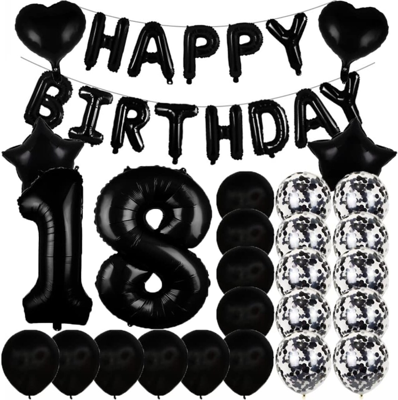 Sweet 18th Birthday Party Decoration Kit – Black Number 18 Foil Balloons, Confetti Balloons, Heart & Star Mylar Balloons, Latex Balloons for Girls, Women, and Men (Black)